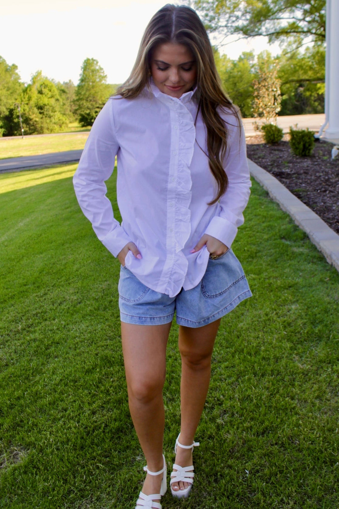 White Ruffled Button Down Shirt