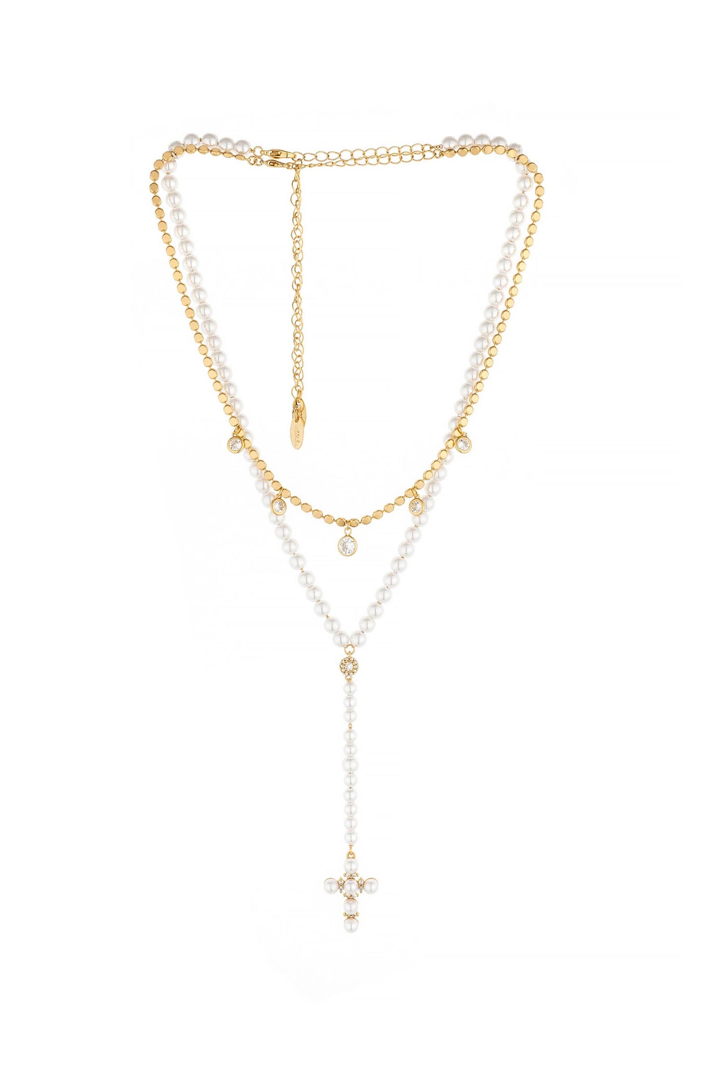 Pearl Cross Drop Lariat 18k Gold Plated Necklace Set