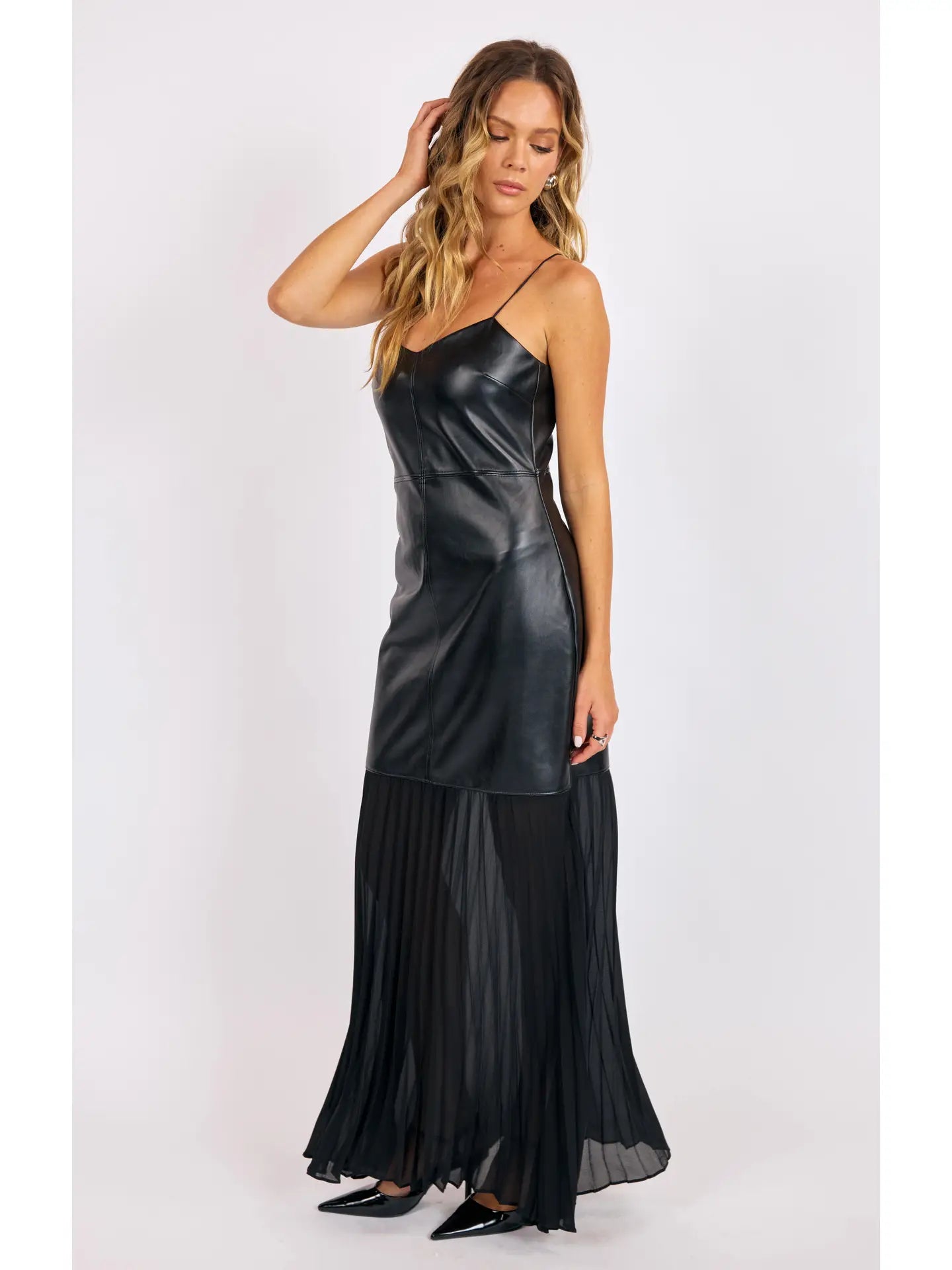 Fete Vegan Leather Pleated Skirt Maxi Dress