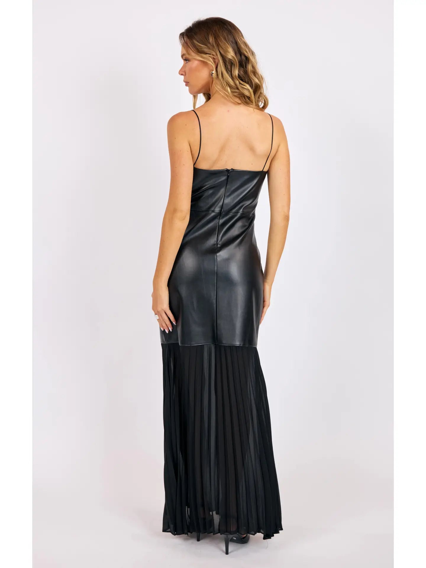 Fete Vegan Leather Pleated Skirt Maxi Dress