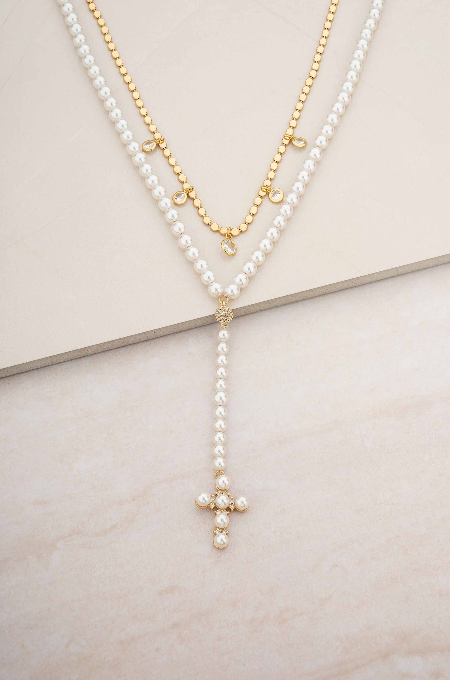 Pearl Cross Drop Lariat 18k Gold Plated Necklace Set