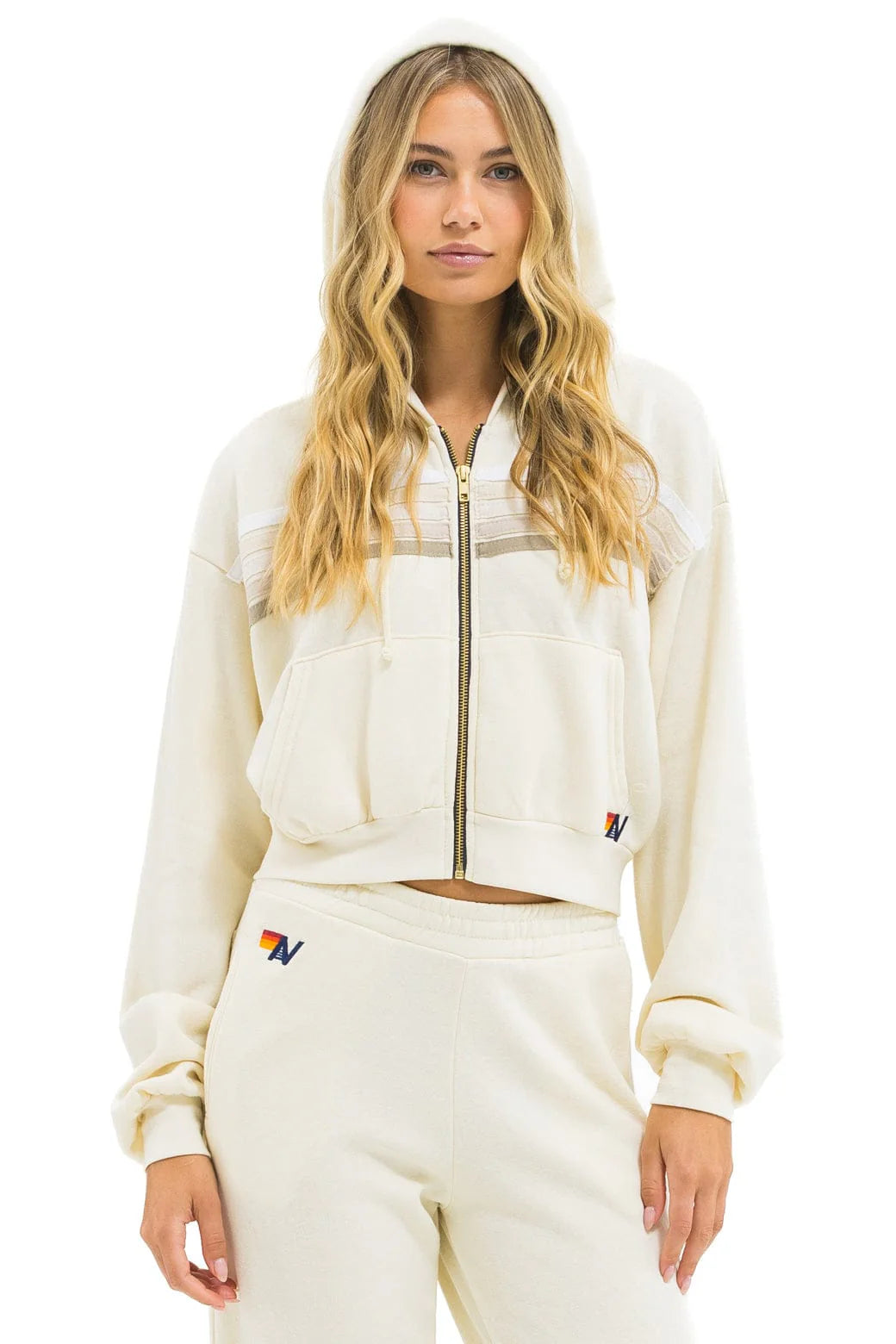 5 STRIPE CROPPED ZIP HOODIE RELAXED- Vintage White