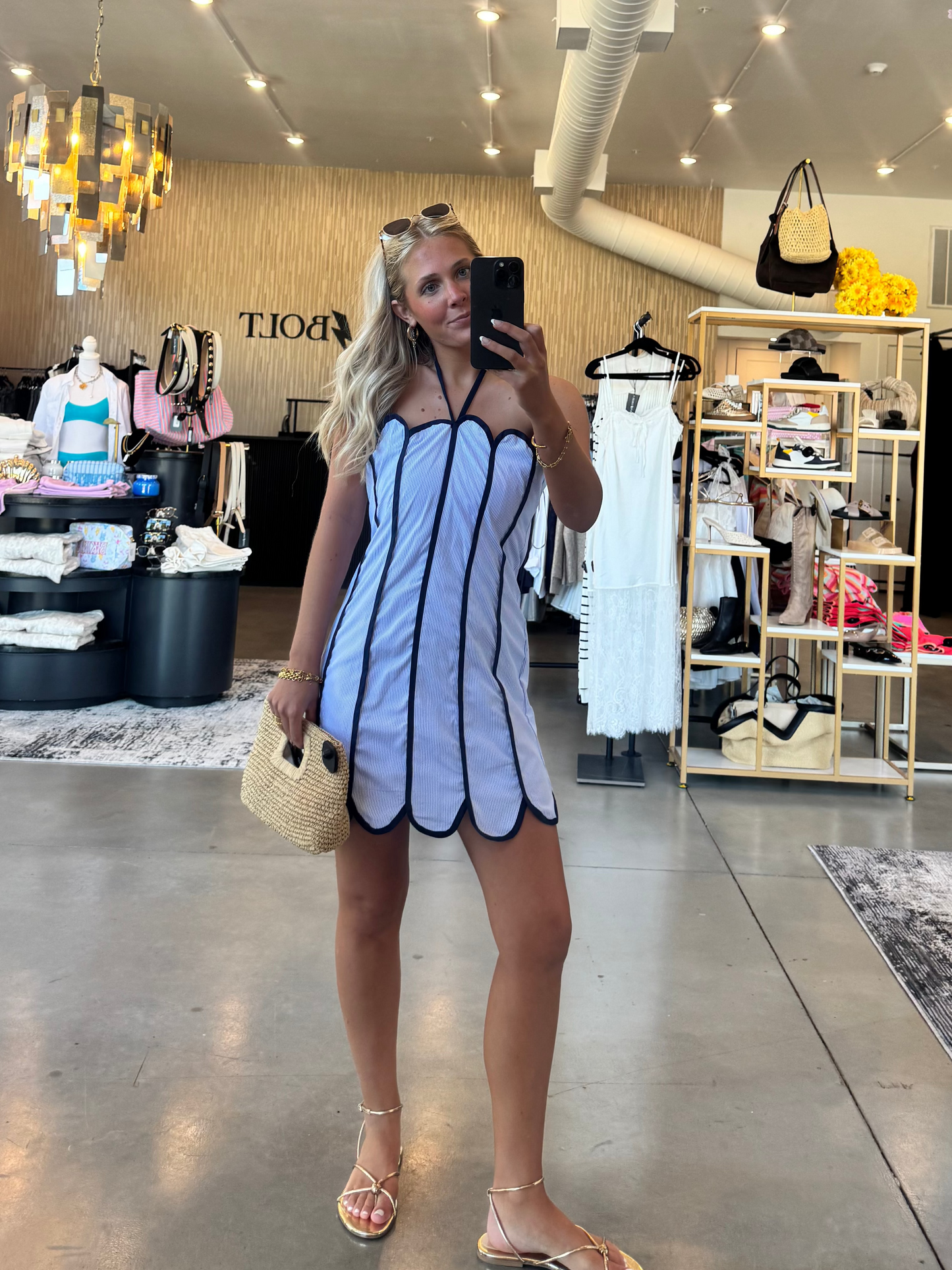 Scalloped Pinstripe Mini Dress