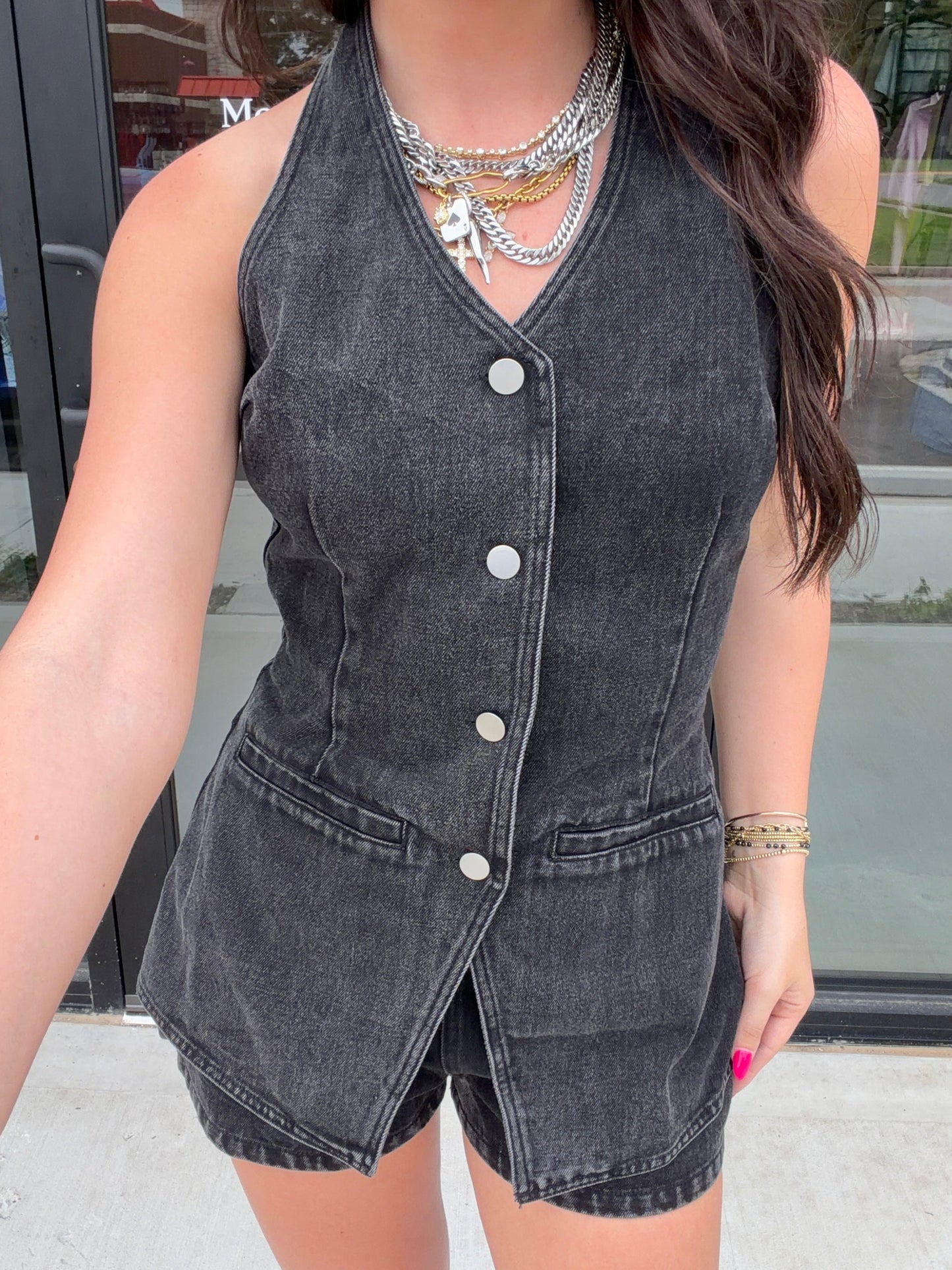 Black Denim Halter Romper