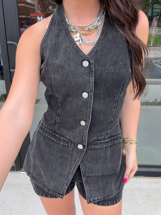 Black Denim Halter Romper