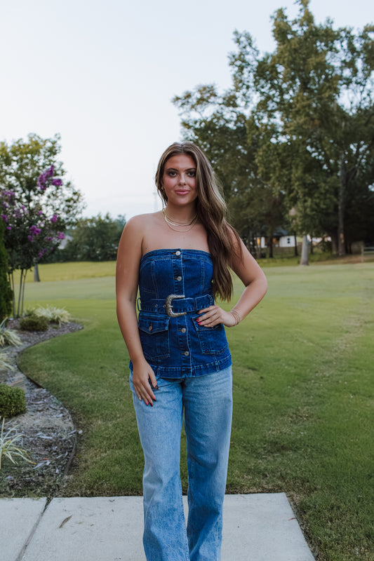 Strapless Denim Buckle Top