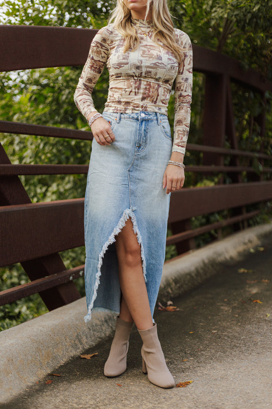 Distressed Denim Midi Skirt