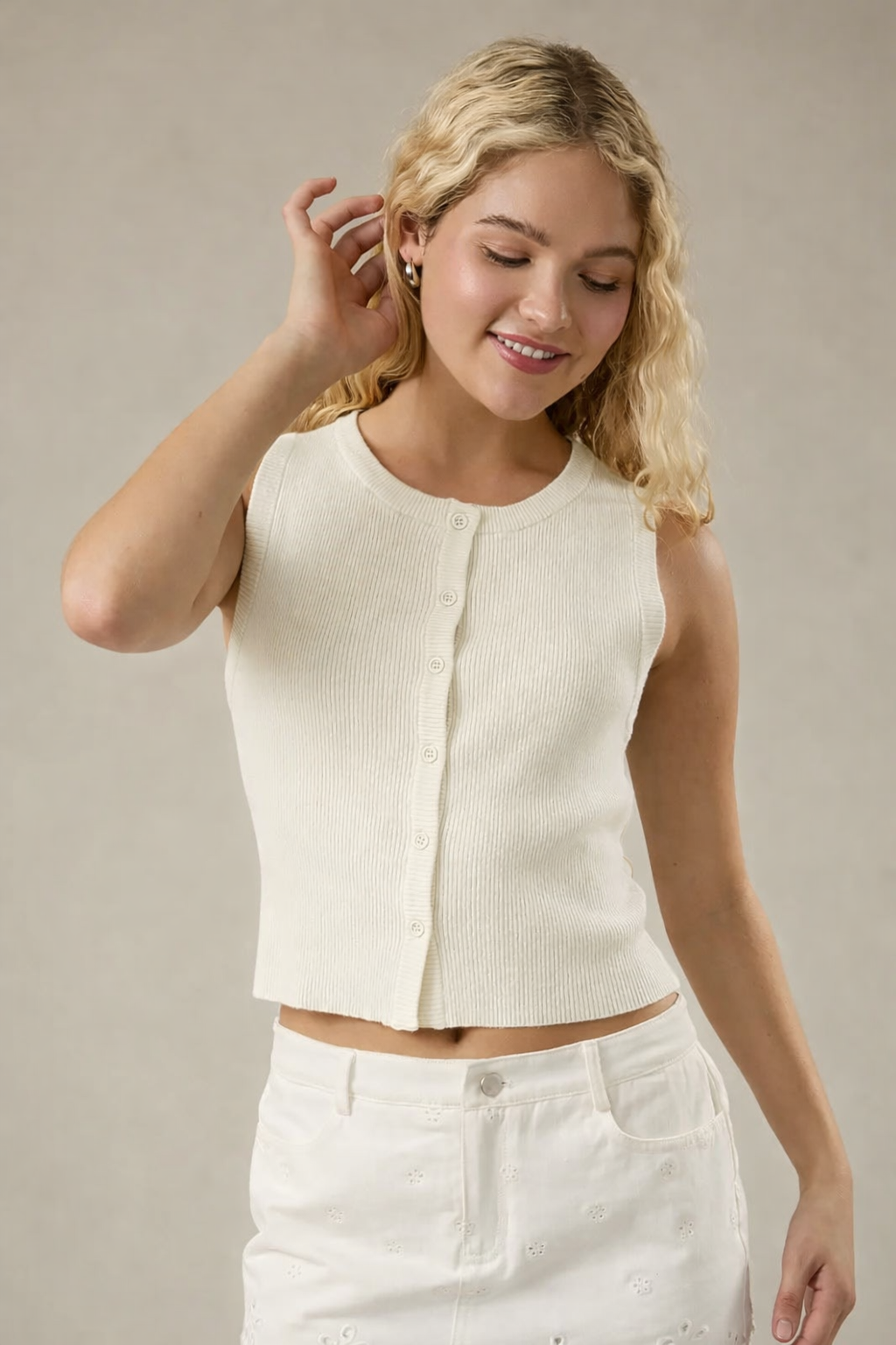 Sleeveless Ribbed Button Down- Ivory