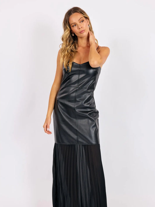 Fete Vegan Leather Pleated Skirt Maxi Dress